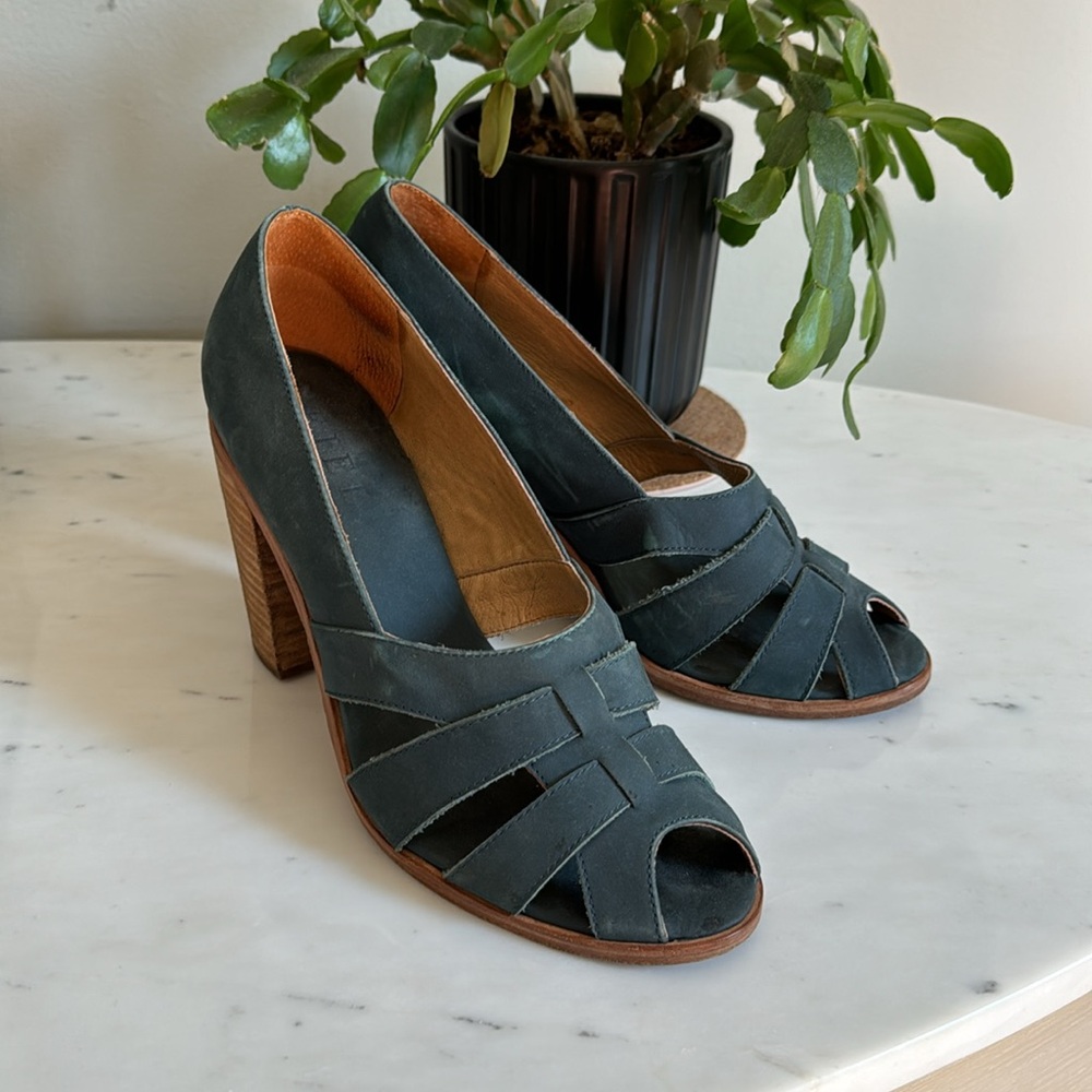 Anthropologie Fiel Teal Suede Heels